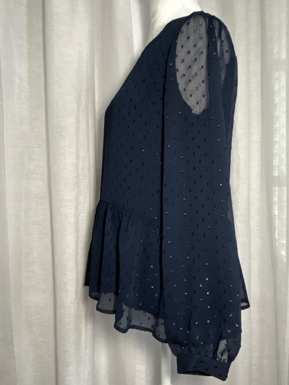 LOFT | Navy | Sequined Blouse | Sheer overlay | See through arms - Picture 3 of 6